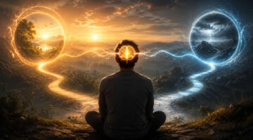 A person facing two symbolic paths of light, representing belief as the first step toward acceptance or rejection.