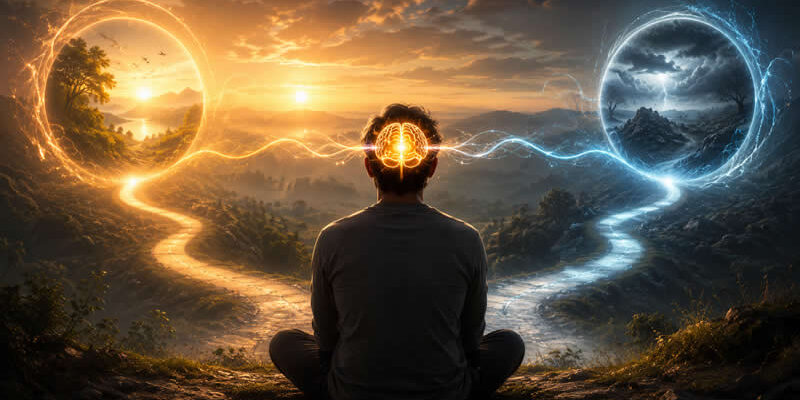 A person facing two symbolic paths of light, representing belief as the first step toward acceptance or rejection.