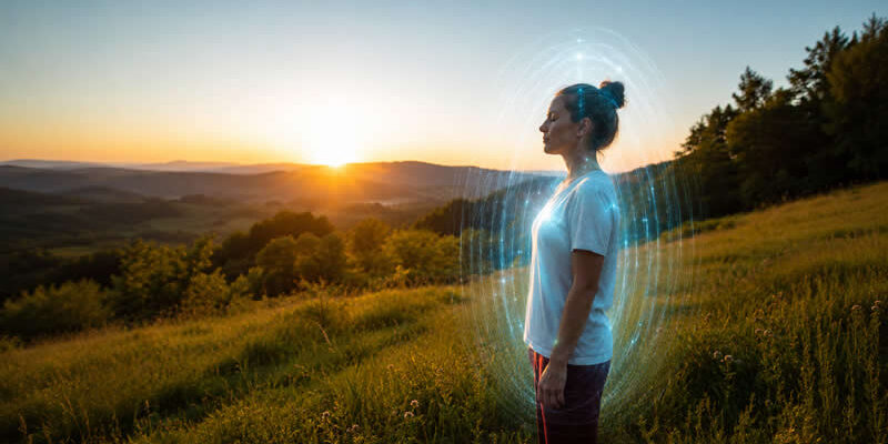 Woman standing in nature surrounded by a visible human energy field during a peaceful meditation at sunset.