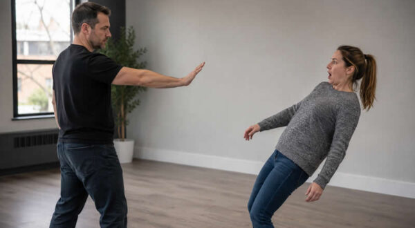 Real no touch body reaction demonstration showing a woman losing balance while a man directs focused intention without physical contact.