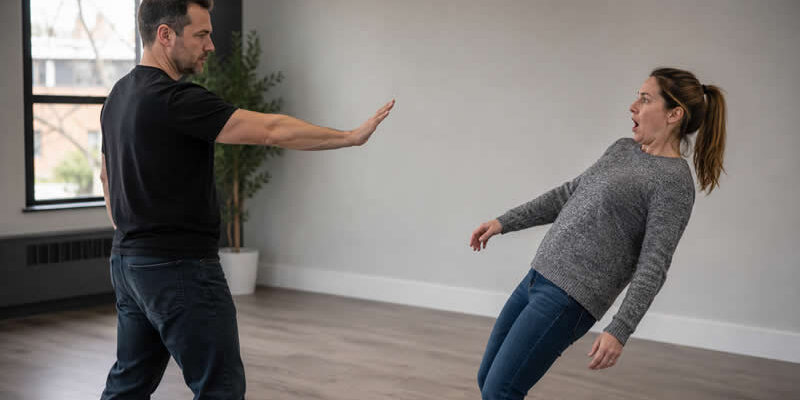 Real no touch body reaction demonstration showing a woman losing balance while a man directs focused intention without physical contact.