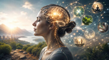 Glowing human brain with neural connections symbolizing thoughts, health, consciousness, and life decisions.