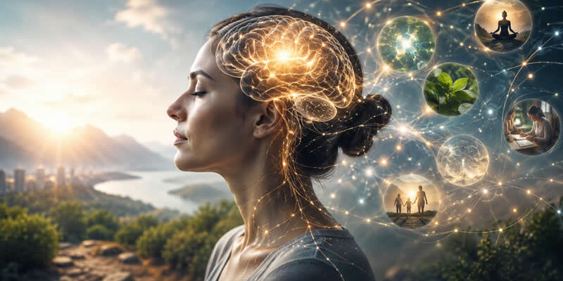 Glowing human brain with neural connections symbolizing thoughts, health, consciousness, and life decisions.