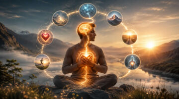 A meditating man with a glowing heart and brain connected by light, symbolizing emotions, thoughts, beliefs, health, and life direction.