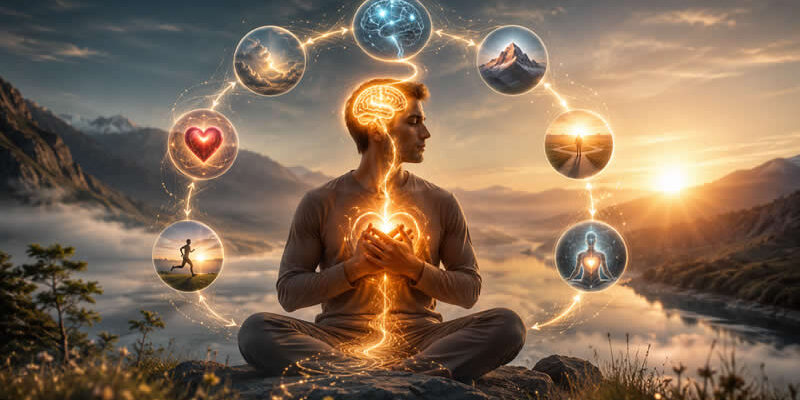A meditating man with a glowing heart and brain connected by light, symbolizing emotions, thoughts, beliefs, health, and life direction.